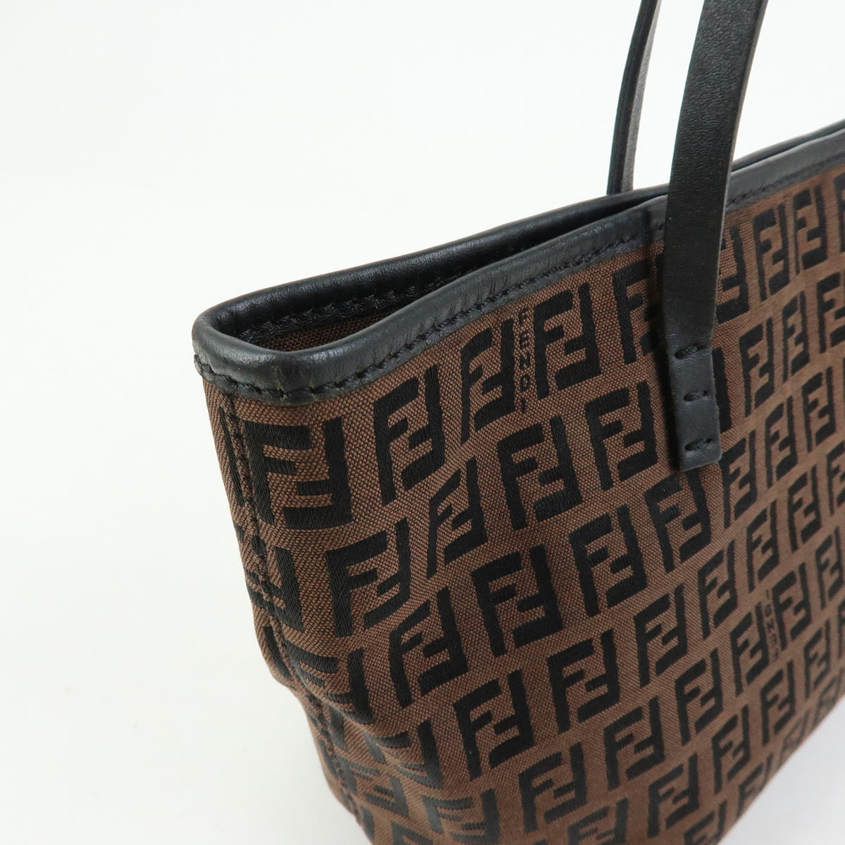 FENDI Zucchino Canvas Leather Tote Bag Hand Bag Brown Black 8BH075