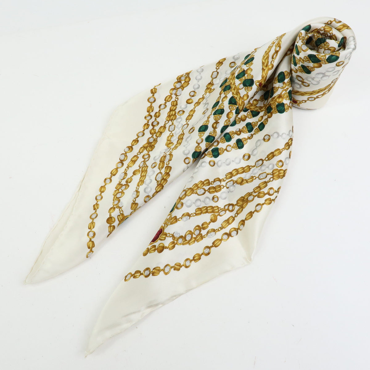 CHANEL Silk 100% Scarf Chain Print White Yellow