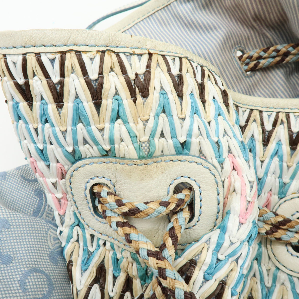 CELINE Macadam Canvas Leather Raffia Hand Bag Light Blue White