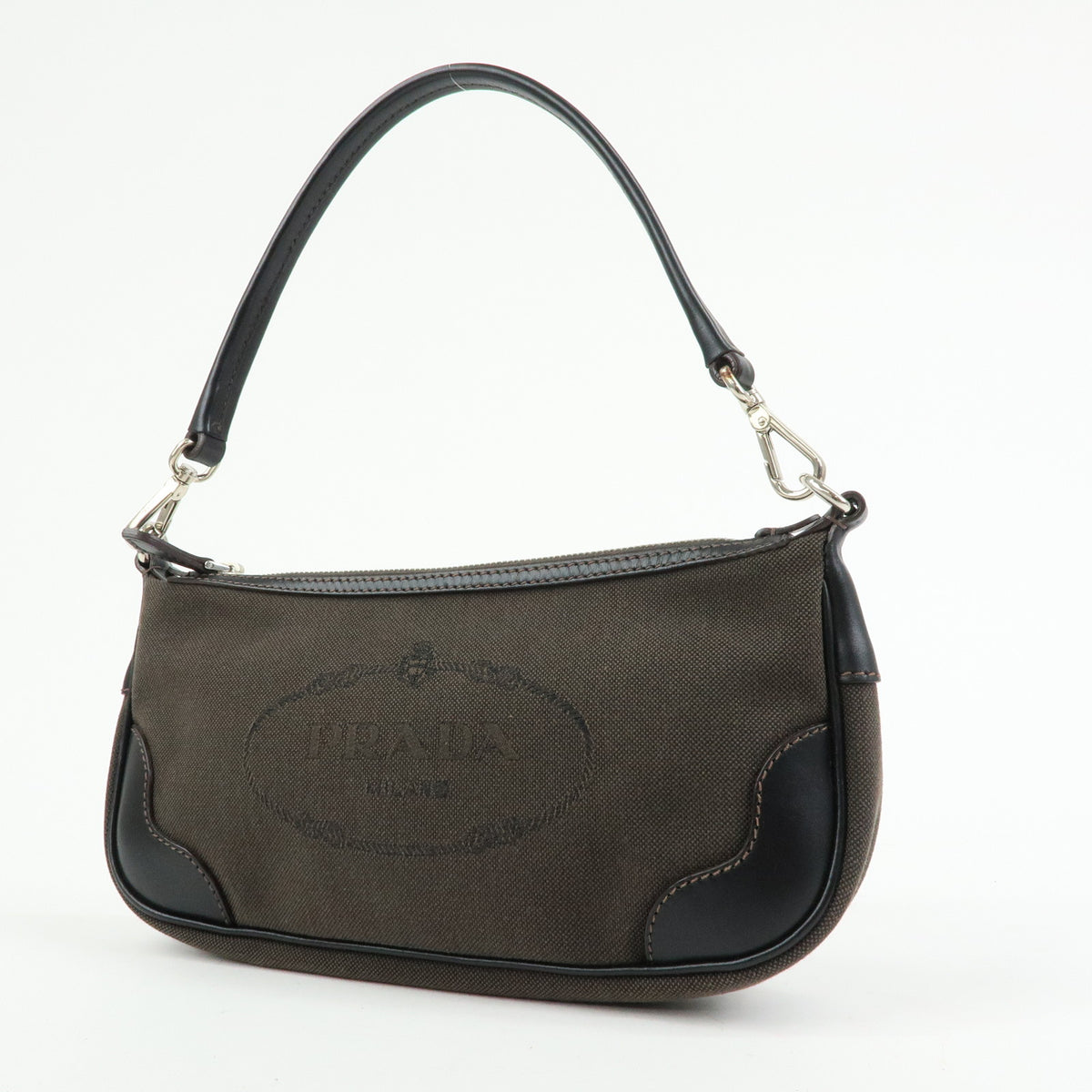 PRADA Logo Jacquard Leather Shoulder Bag Hand Bag Dark Brown