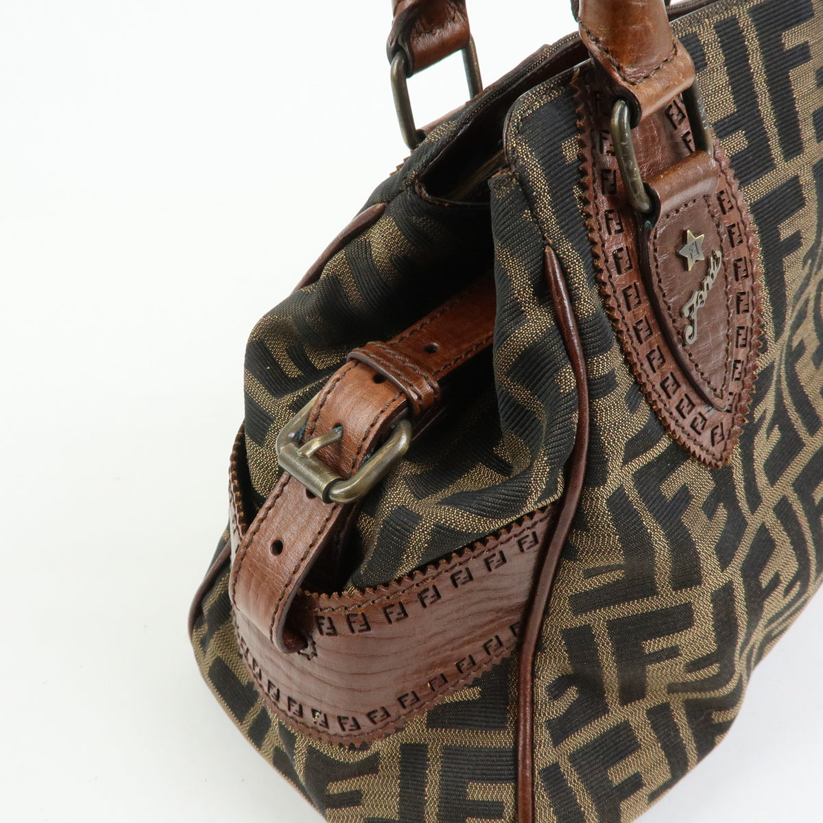 FENDI Etnico Zucca Canvas Leather Tote Bag Shoulder Bag Brown 8BN157