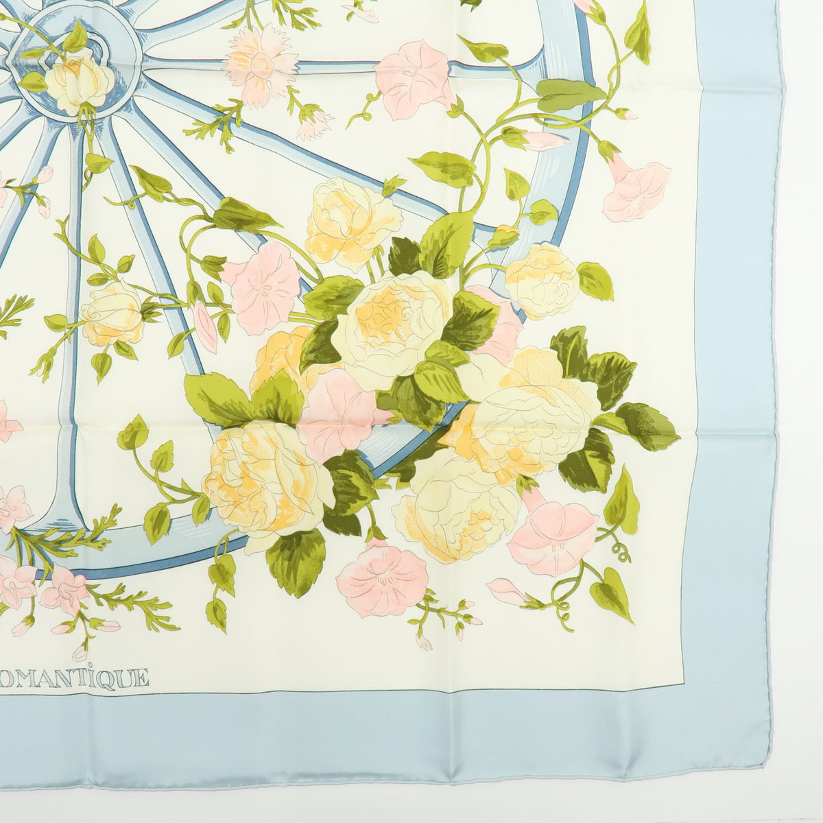 HERMES Carre 90 Silk 100% Scarf ROMANTIQUE Light Blue Light Green Pink