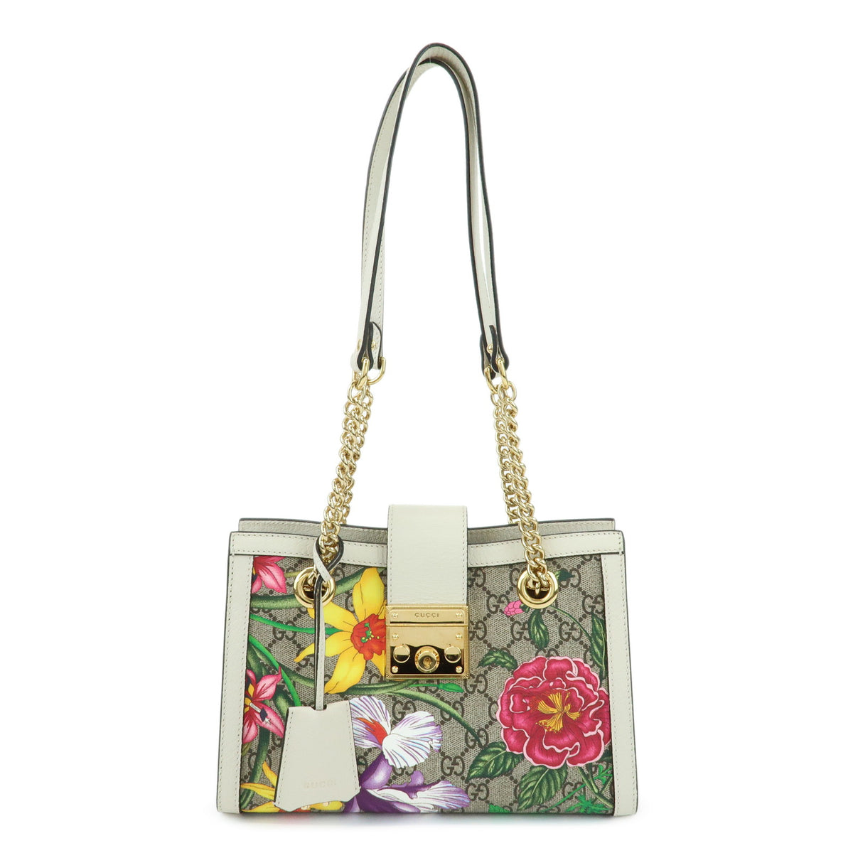 GUCCI Padlock Flora GG Small GG Supreme Chain Shoulder Bag White 498156