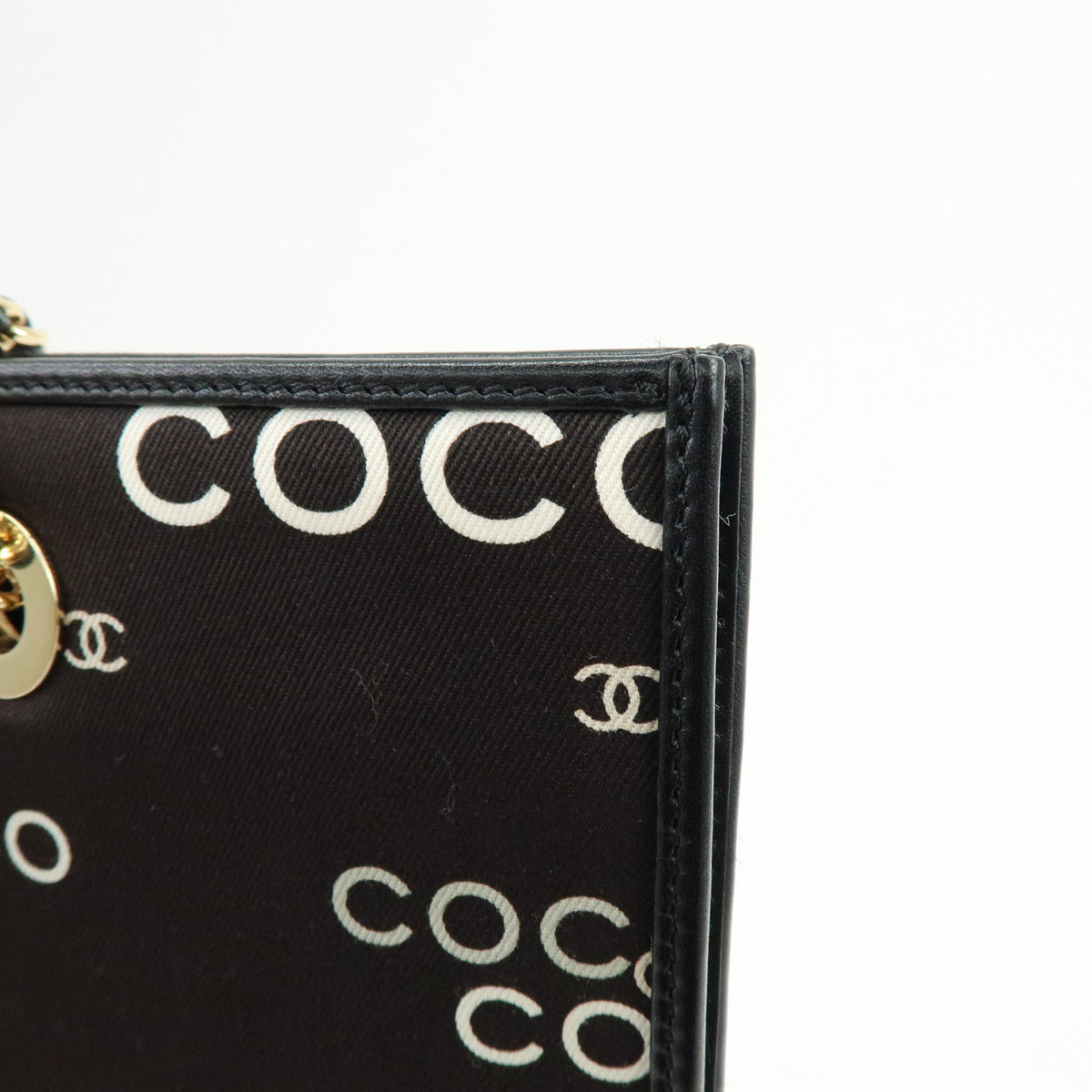 CHANEL COCO Mark Flat Shopper Canvas Leather Chain Tote Bag Black White