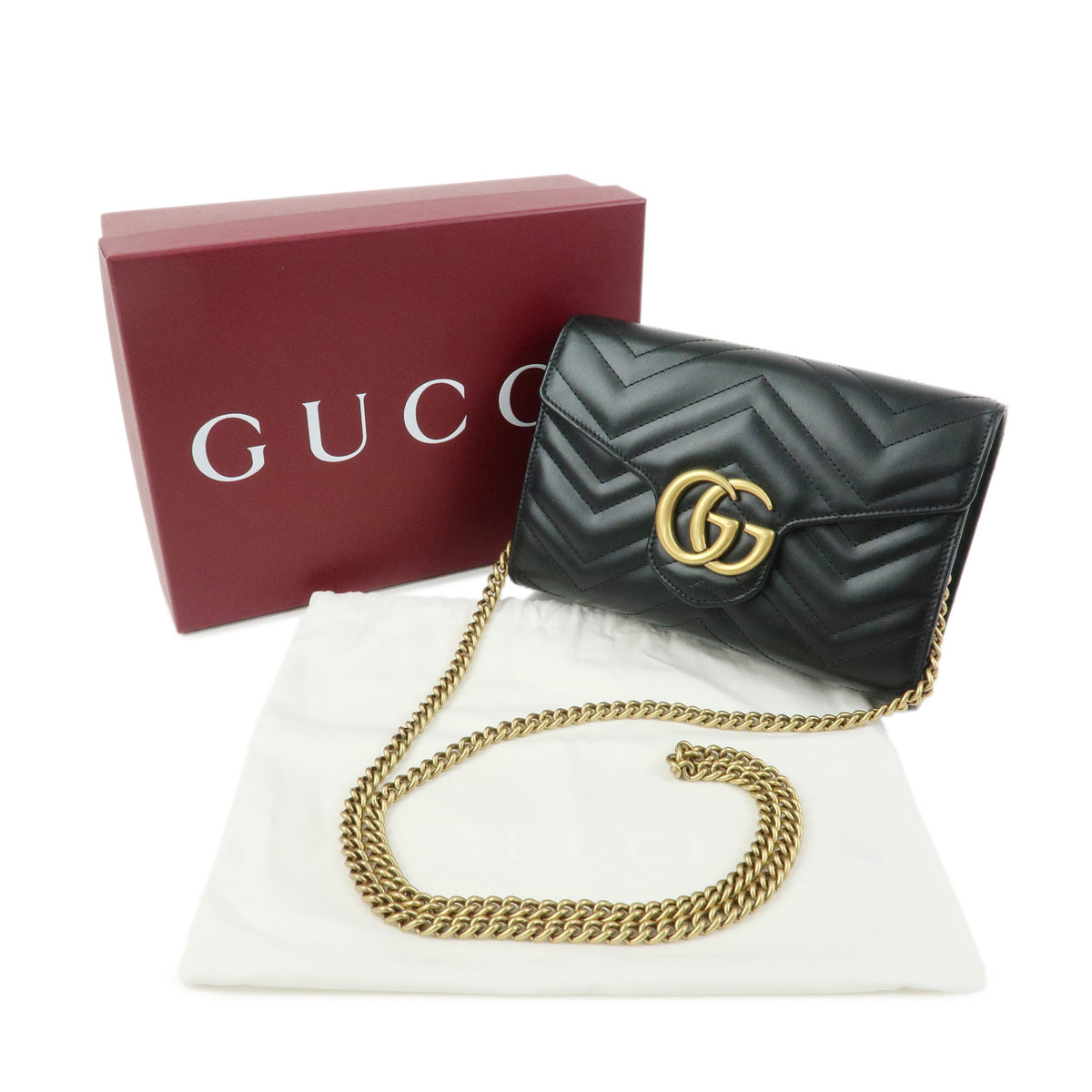 GUCCI GG Marmont Double G Leather Chain Shoulder Bag Black 474575