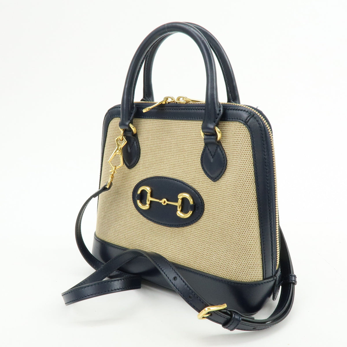 GUCCI Horsebit 1955 Small Top Handle 2Way Hand Bag Beige Navy 621220