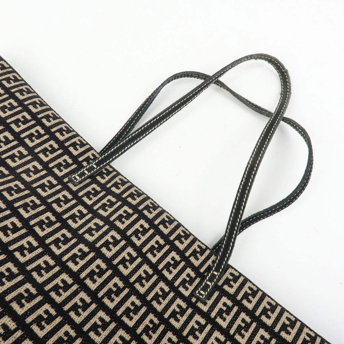 FENDI Zucchino Canvas Leather Tote Bag Shoulder Bag Black Beige 8BH005