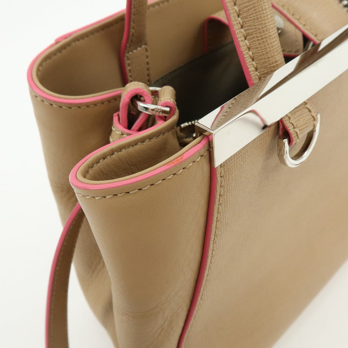 FENDI PETITE 2JOURS Calf Leather 2Way Bag Hand Bag Beige Pink 8BH253