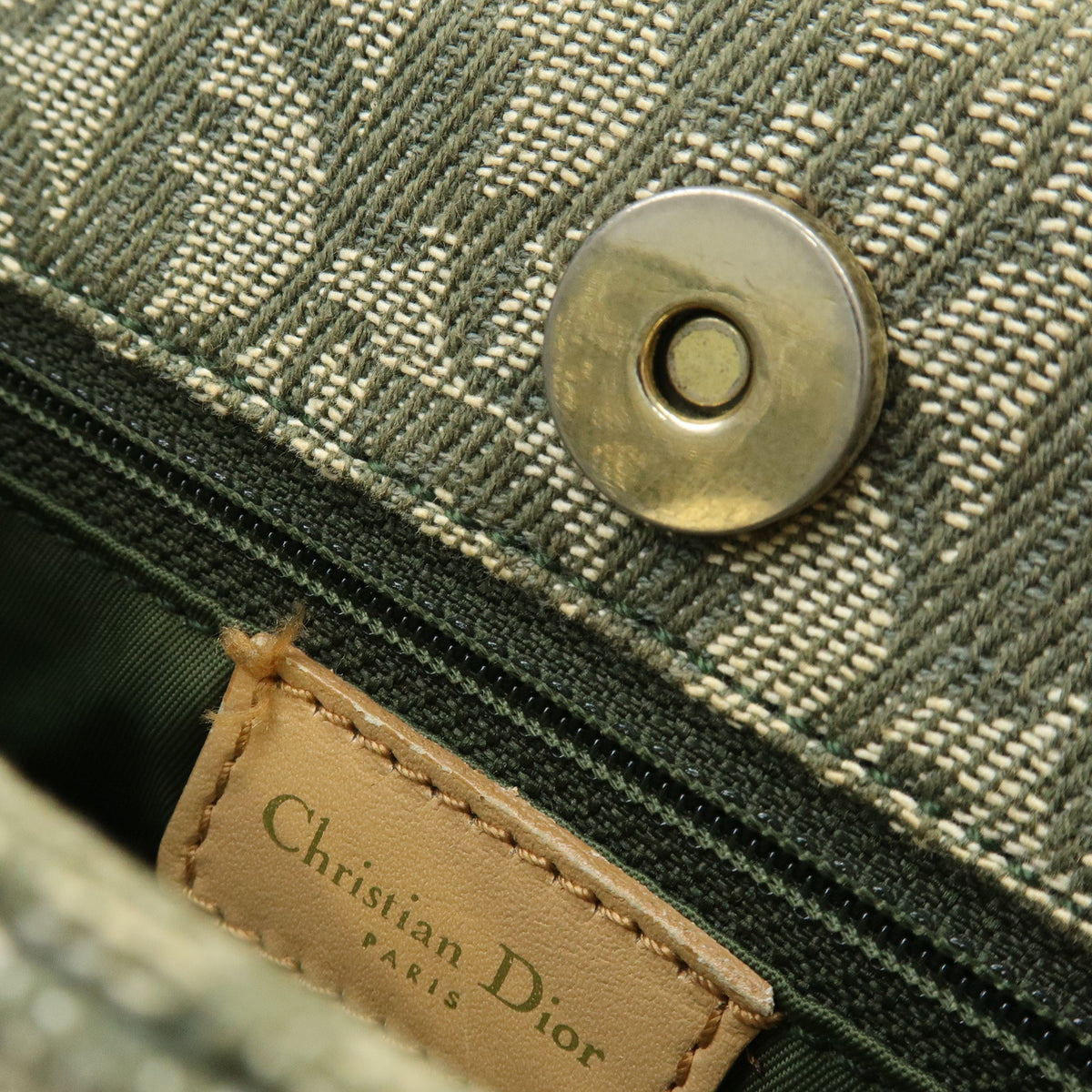 Christian Dior Trotter Jacquard Canvas Leather Hand Bag Tote Bag Green