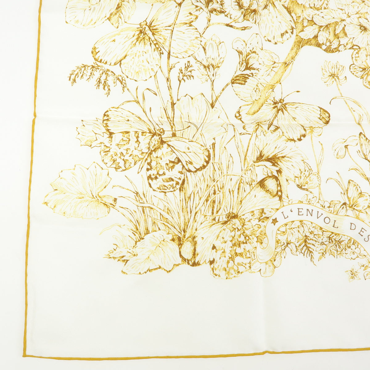 Christian Dior Silk 100% Gold Butterfly Pattern Scarf White Gold