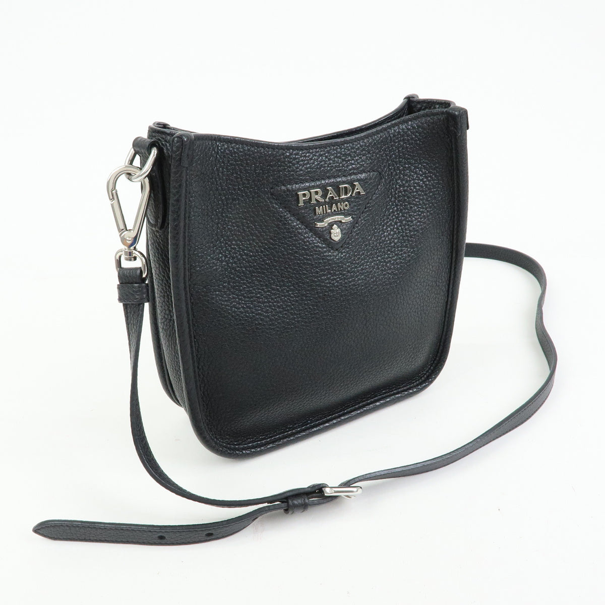 PRADA Triangle Logo Vitello Daino Leather Shoulder Bag Black 1BH191