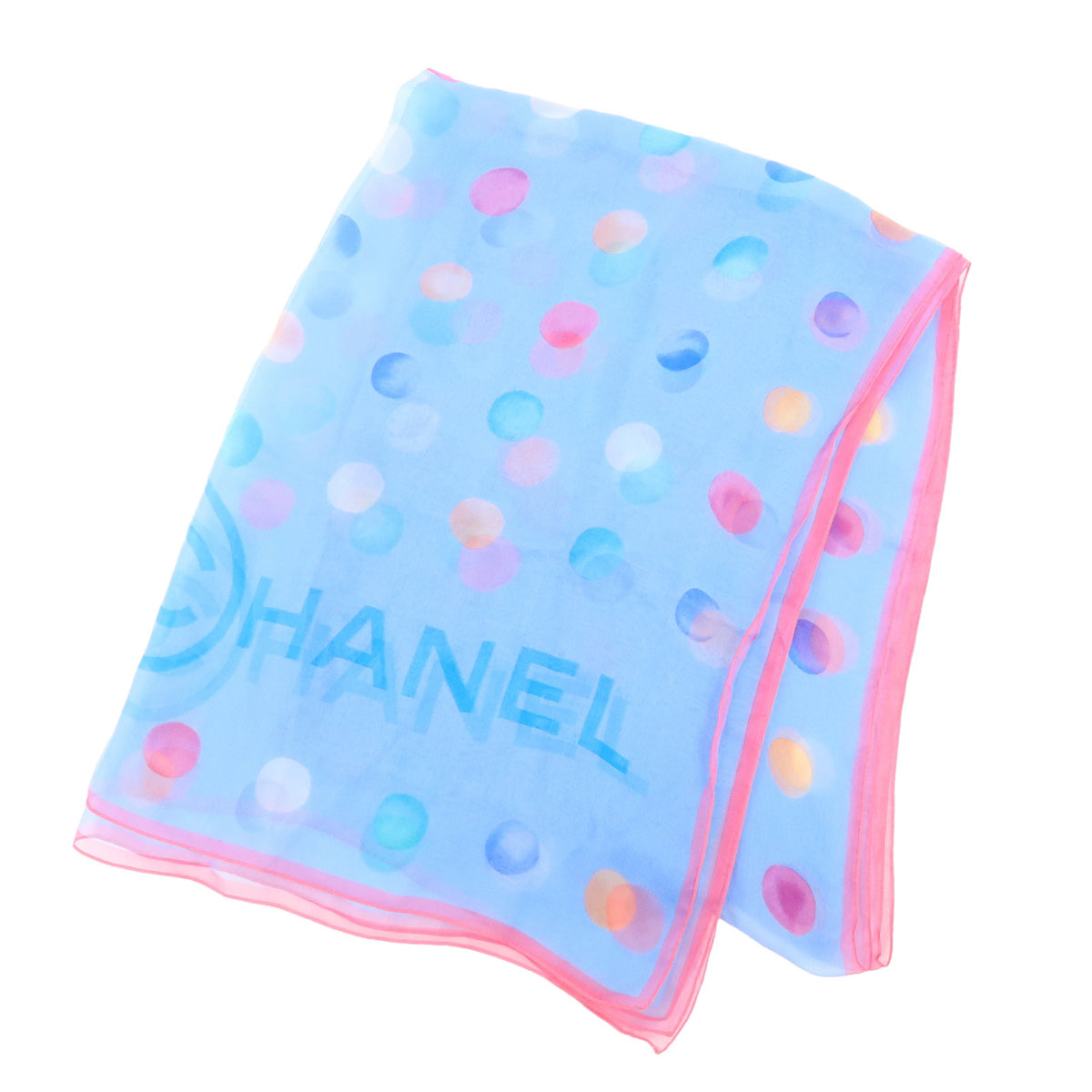 CHANEL Silk100% Dots Pattern Scarf Shawl Light Blue Pink