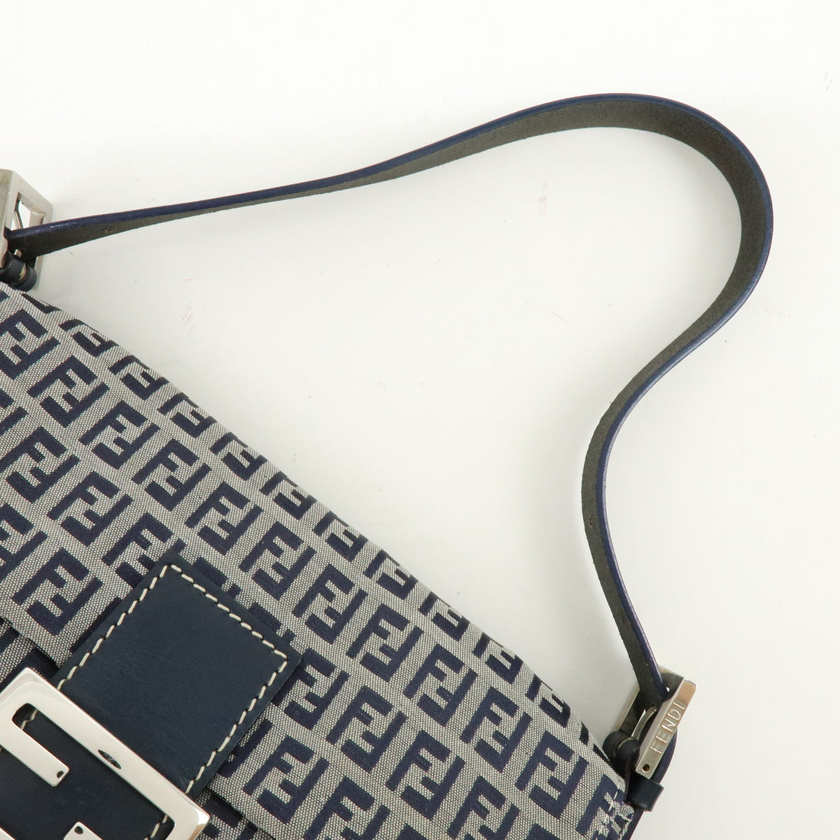 FENDI Mamma Baguette Zucchino Canvas Leather Shoulder Bag Navy 26424