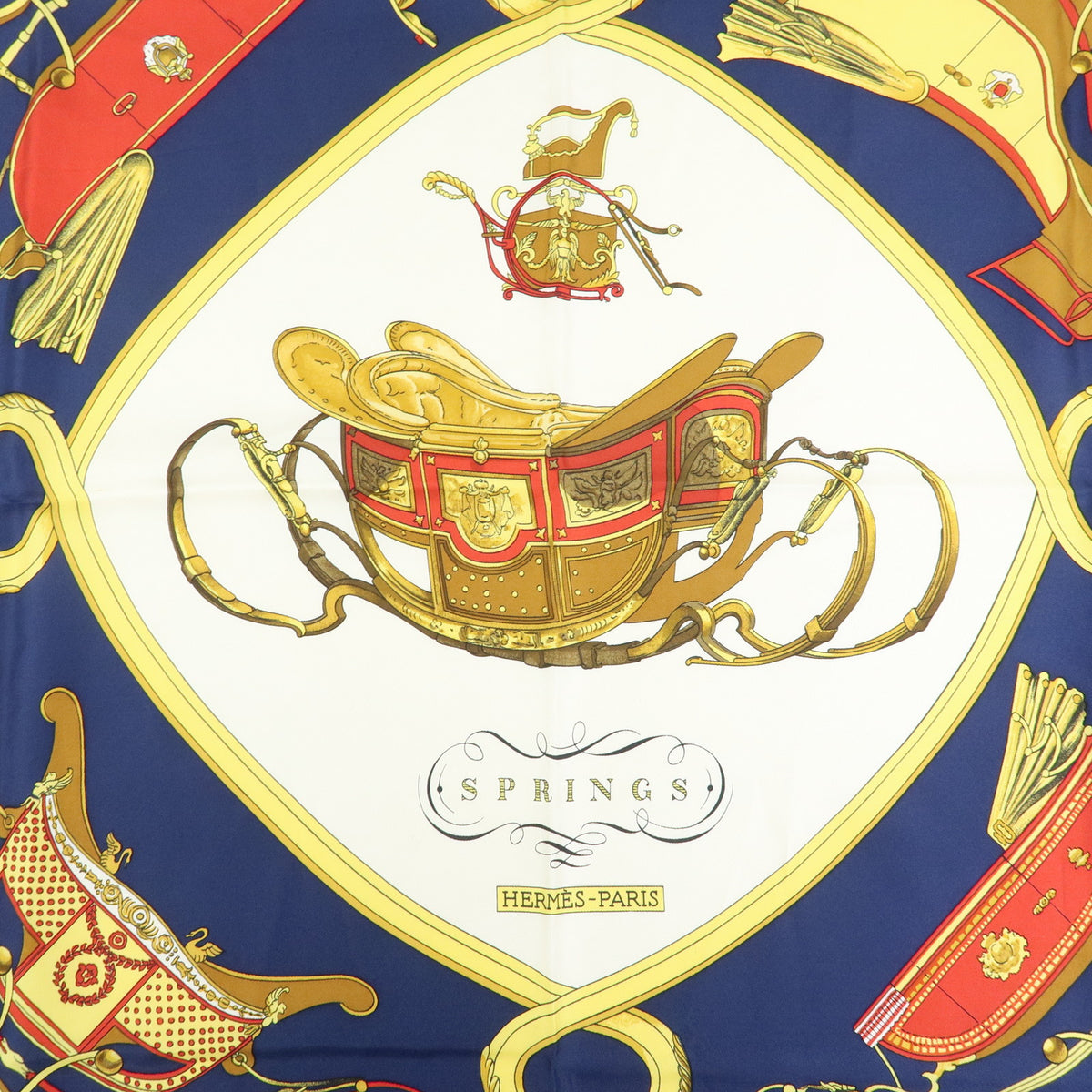 HERMES Carre 90 Silk 100% Scarf SPRINGS Navy Yellow