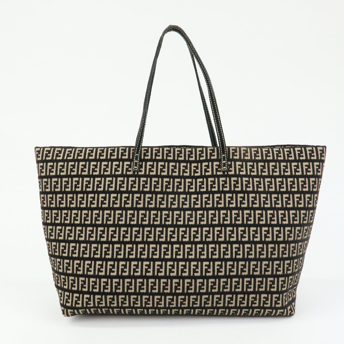 FENDI Zucchino Canvas Leather Tote Bag Shoulder Bag Black Beige 8BH005