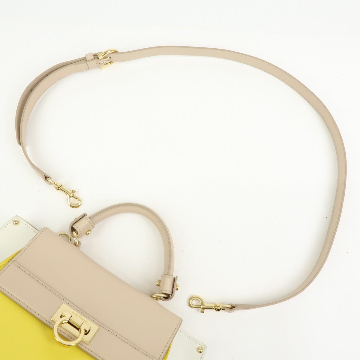 Ferragamo Gantini Leather 2Way Hand Bag Shoulder Bag Yellow Beige White