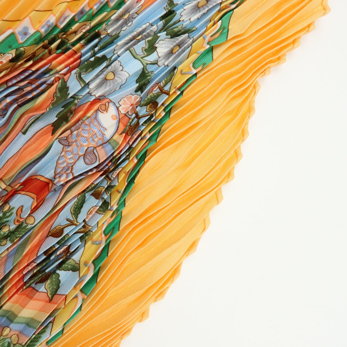 HERMES Pleated Carre Silk 100% Scarf AXIS MUNDI Orange