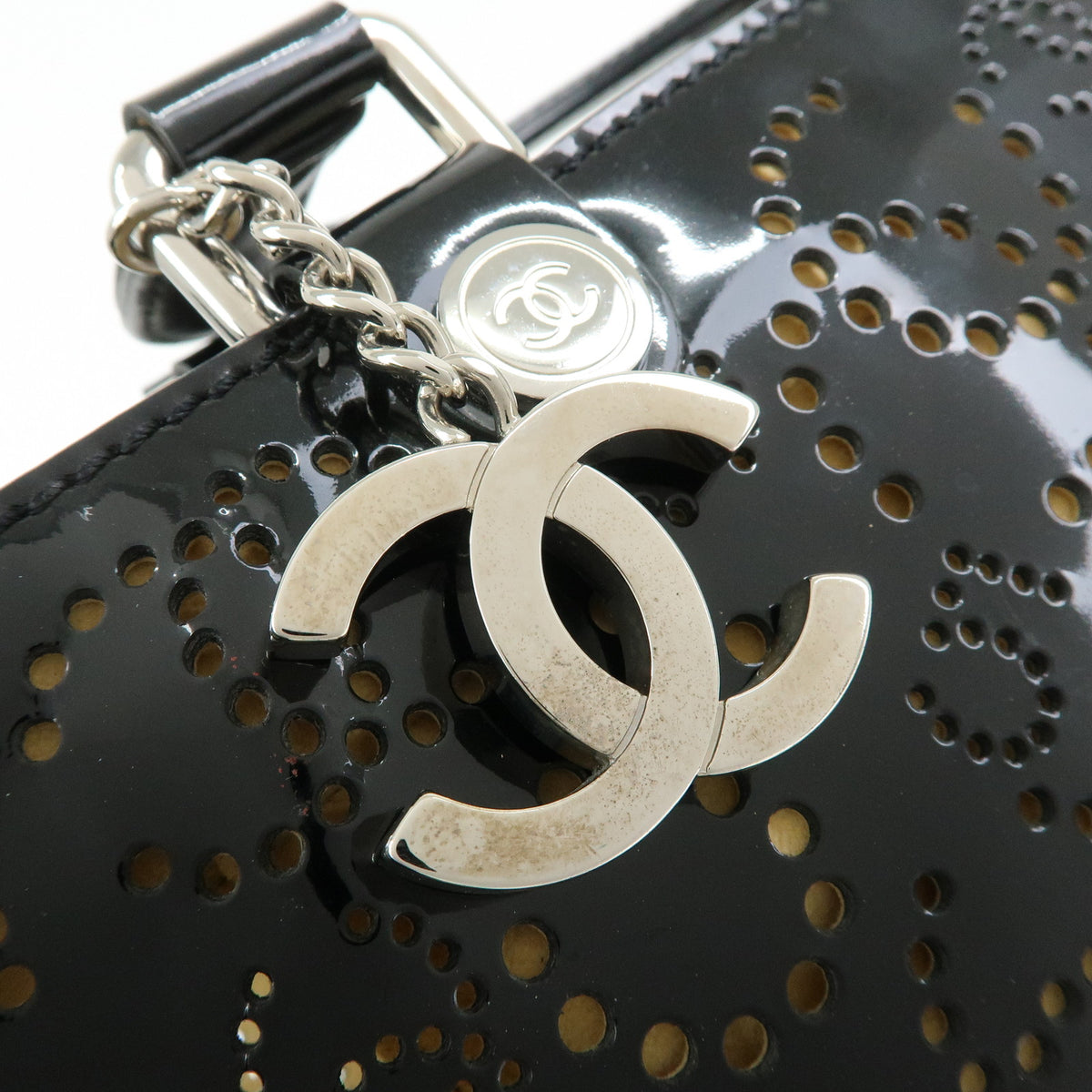 CHANEL COCO Mark Patent Leather Perforated Punching Hand Tote Bag Black