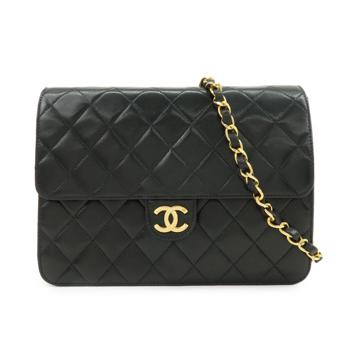 CHANEL Matelasse Lamb Skin Chain Shoulder Bag Black Gold