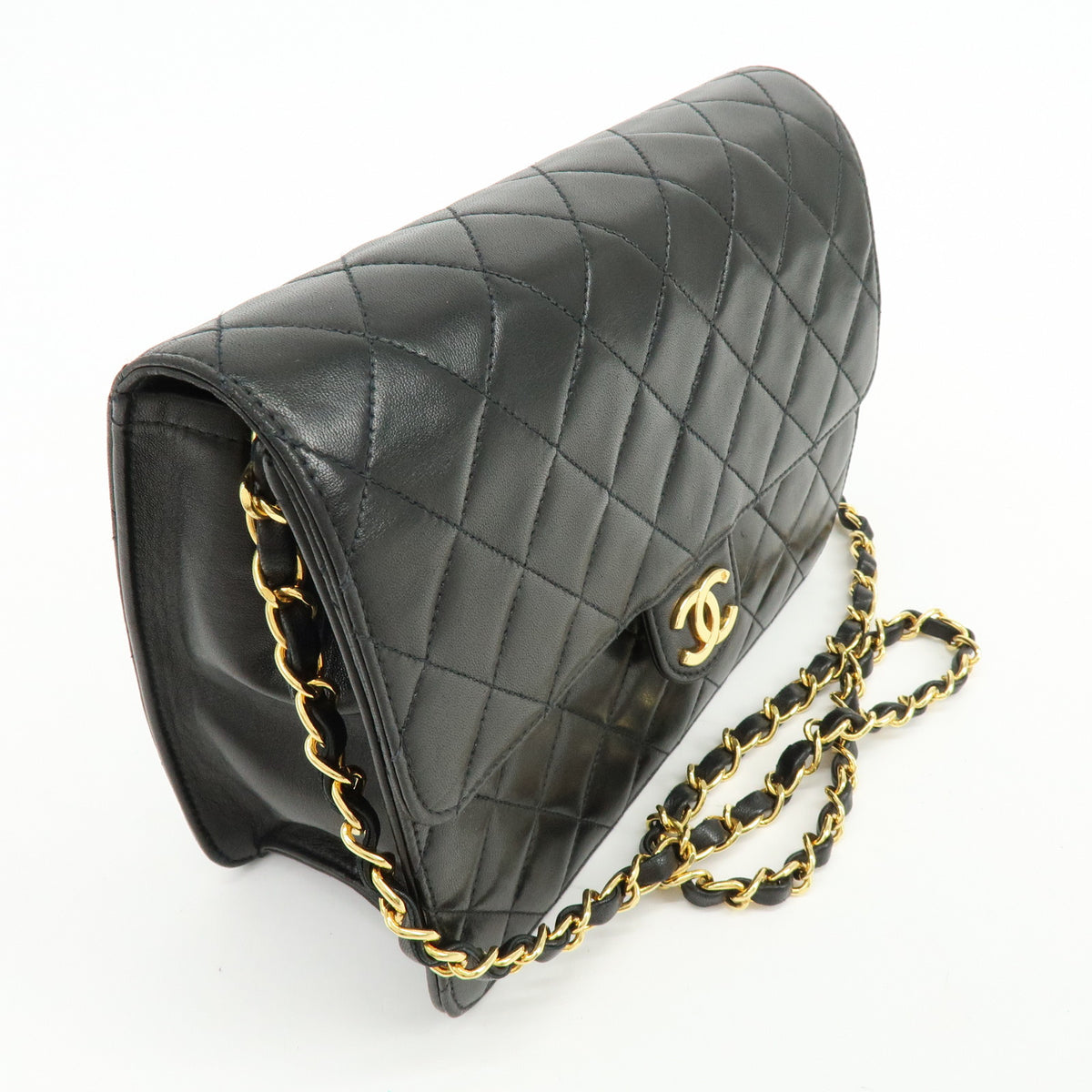 CHANEL Matelasse Lamb Skin Chain Shoulder Bag Black Gold