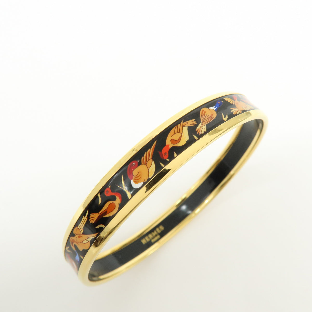 HERMES Email PM Metal Bracelet Bangle Birds Motif Black Gold