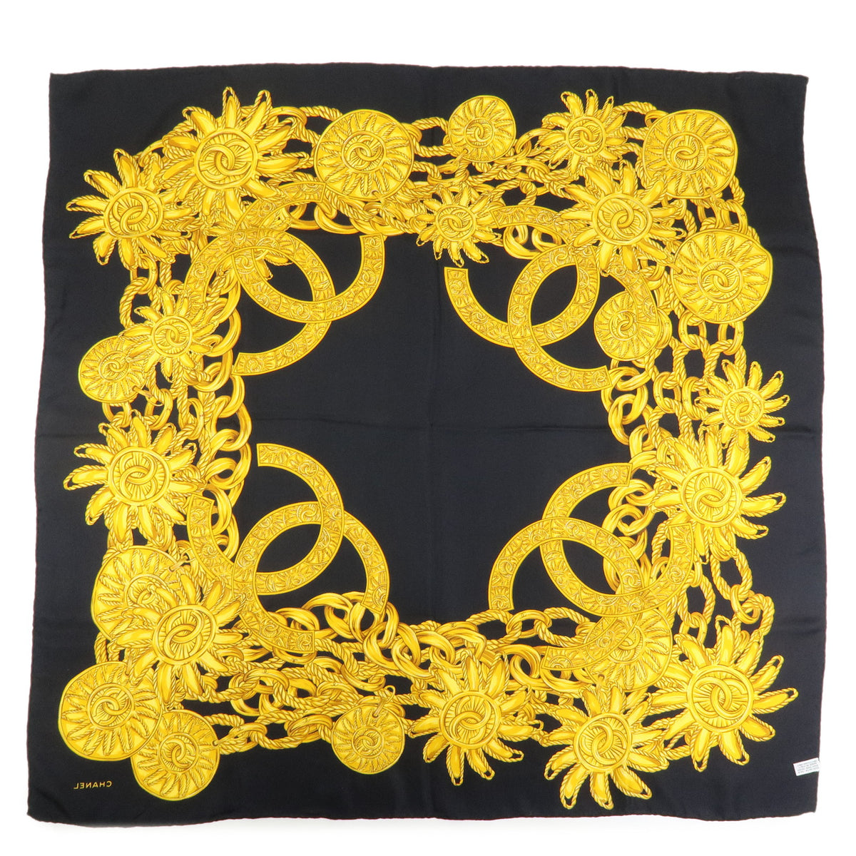 CHANEL COCO Mark Silk 100% Scarf Chain Black Gold