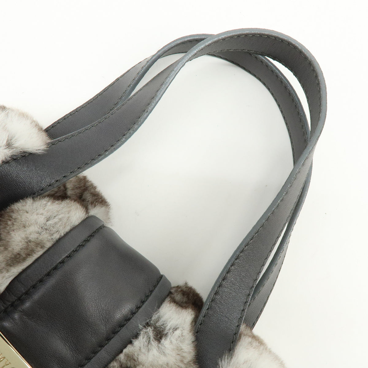JIMMY CHOO Lapin Rabbit Fur Leather Hand Bag Tote Bag Brown Gray