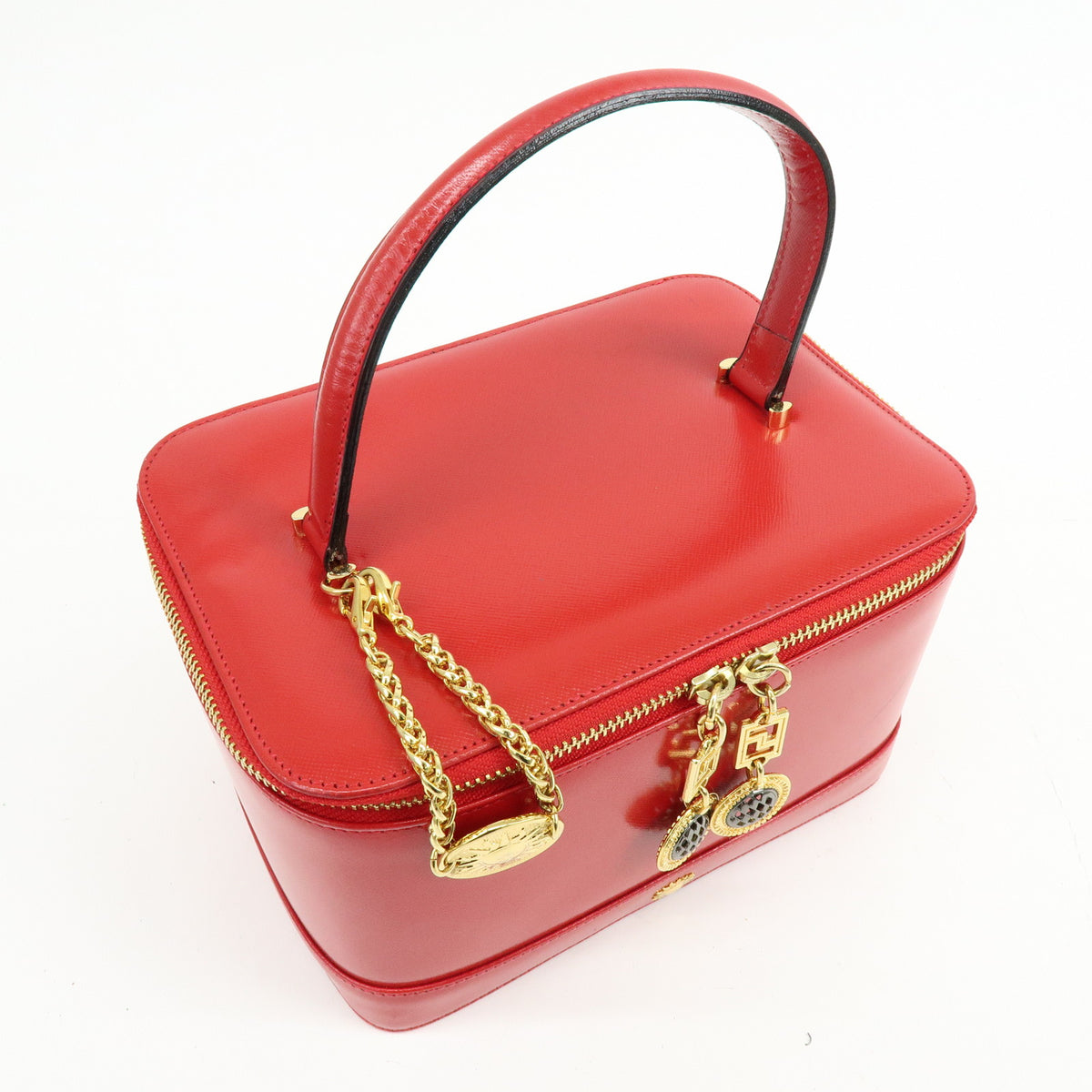 GIANNI VERSACE Leather Hand Bag Vanity Case Sunburst Charm Red