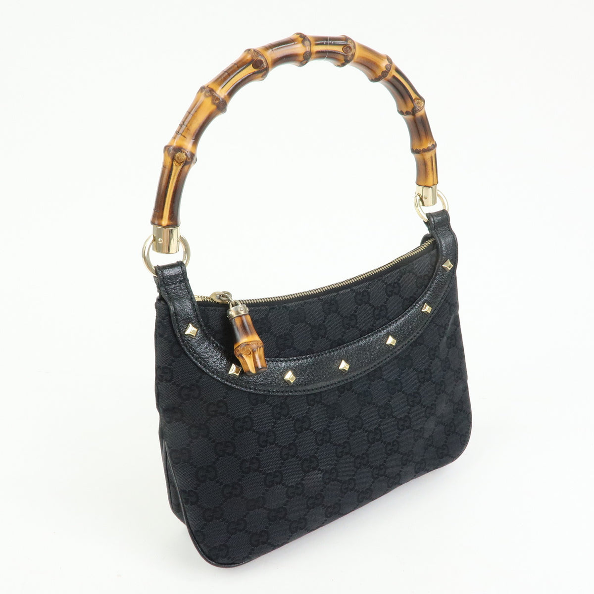 GUCCI Bamboo GG Canvas Leather Hand Bag Black 137378
