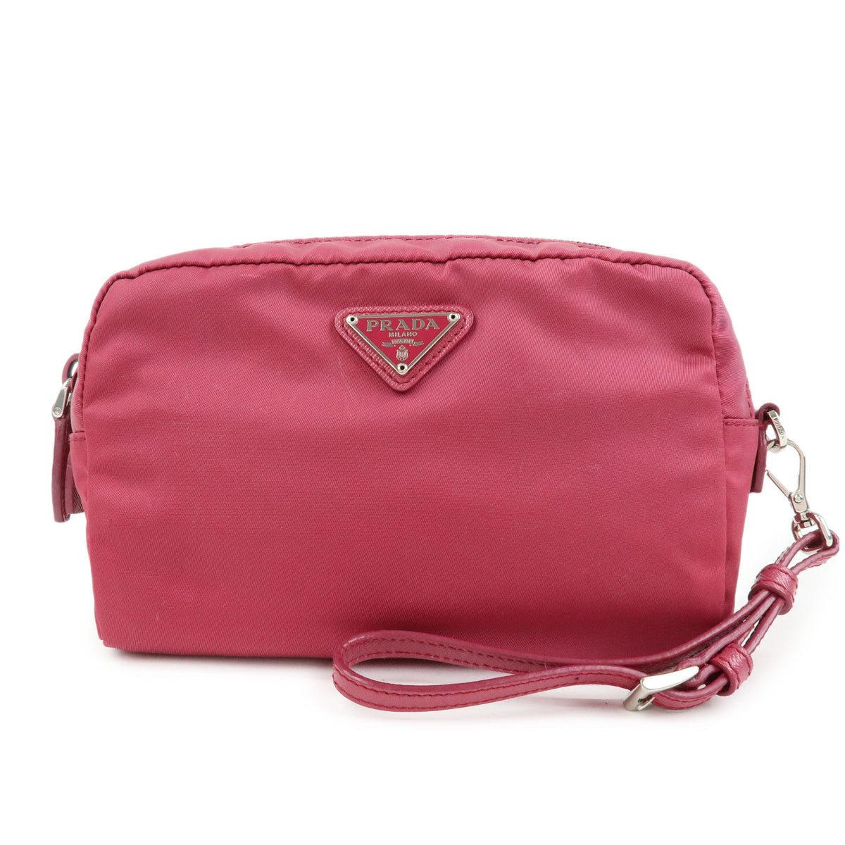 PRADA Triangle Logo Nylon Saffiano Leather Cosmetic Pouch Pink 1N0340