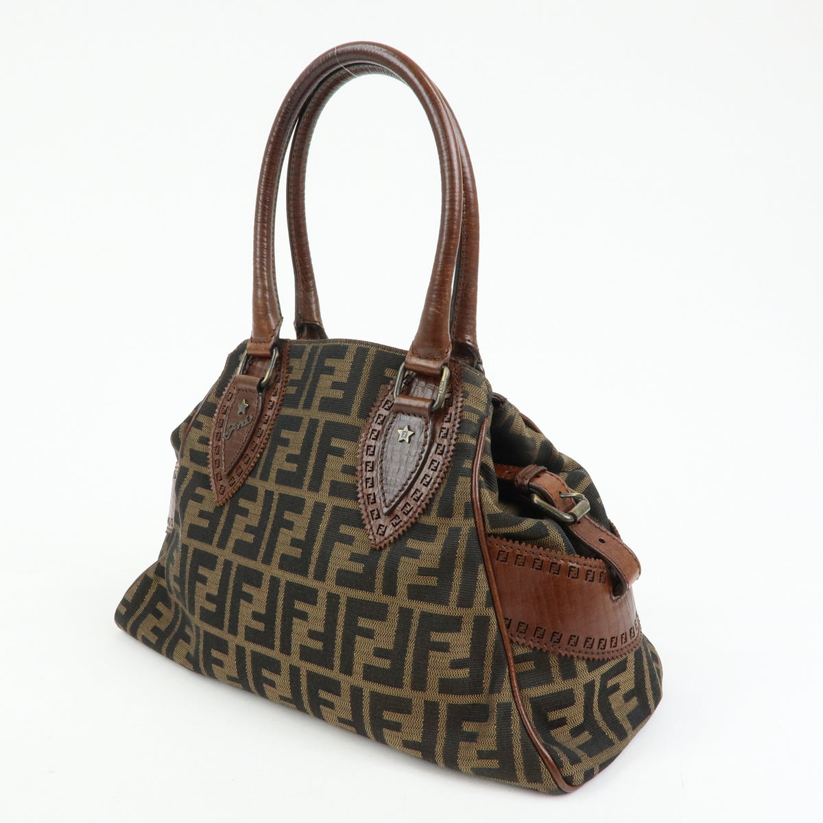 FENDI Etnico Zucca Canvas Leather Tote Bag Shoulder Bag Brown 8BN157