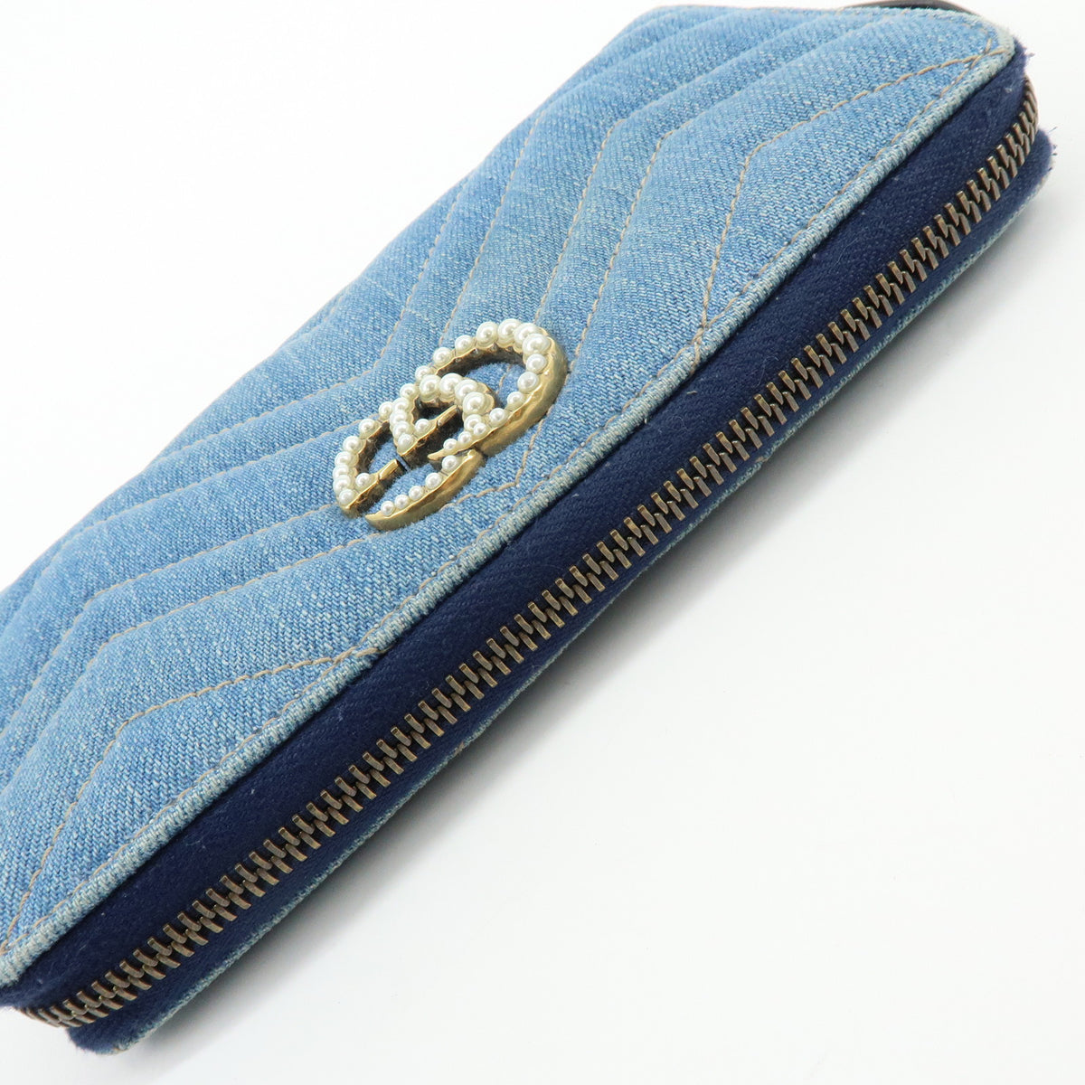 GUCCI GG Marmont Double G Denim Leather Round Zippy Wallet Blue 443123