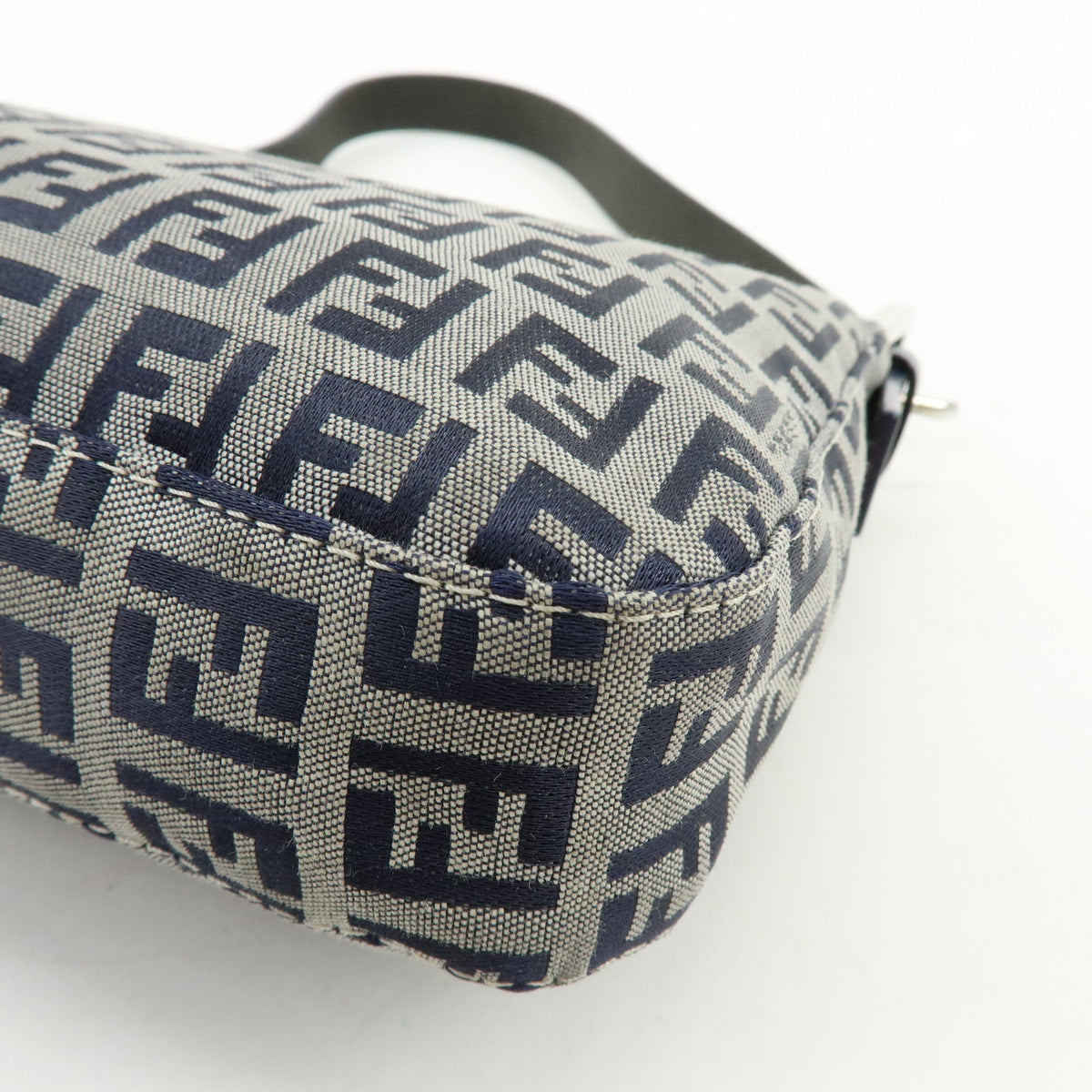 FENDI Mamma Baguette Zucchino Canvas Leather Shoulder Bag Navy 26424