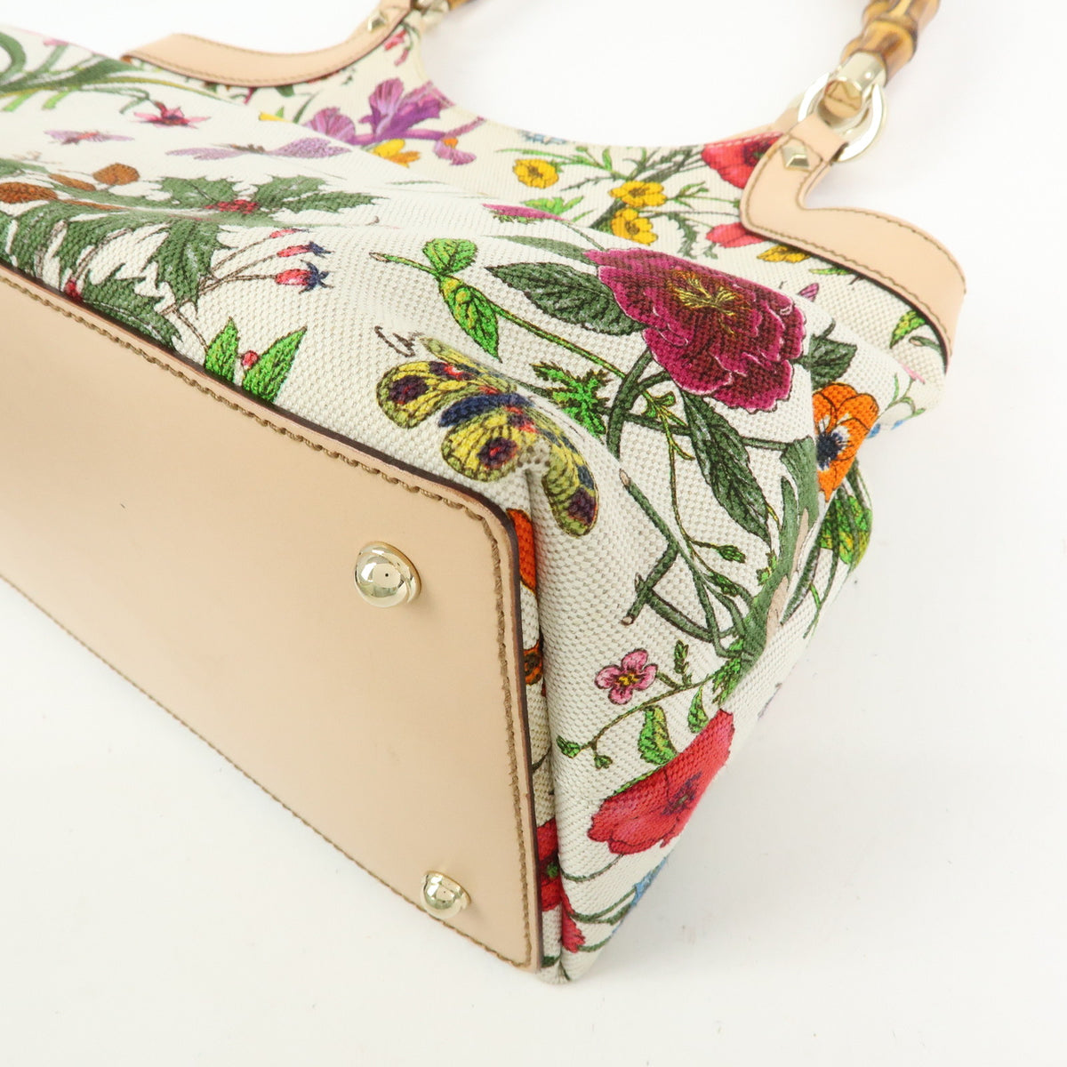 GUCCI Flora Bamboo Canvas Leather Shoulder Bag Hand Bag 137395