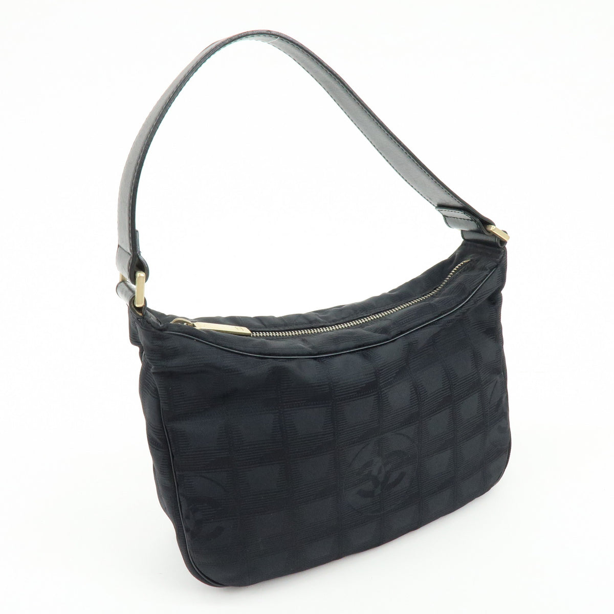 CHANEL New Travel Line Nylon Jacquard Leather Shoulder Bag Black