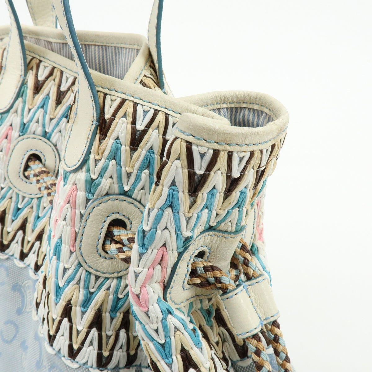 CELINE Macadam Canvas Leather Raffia Hand Bag Light Blue White