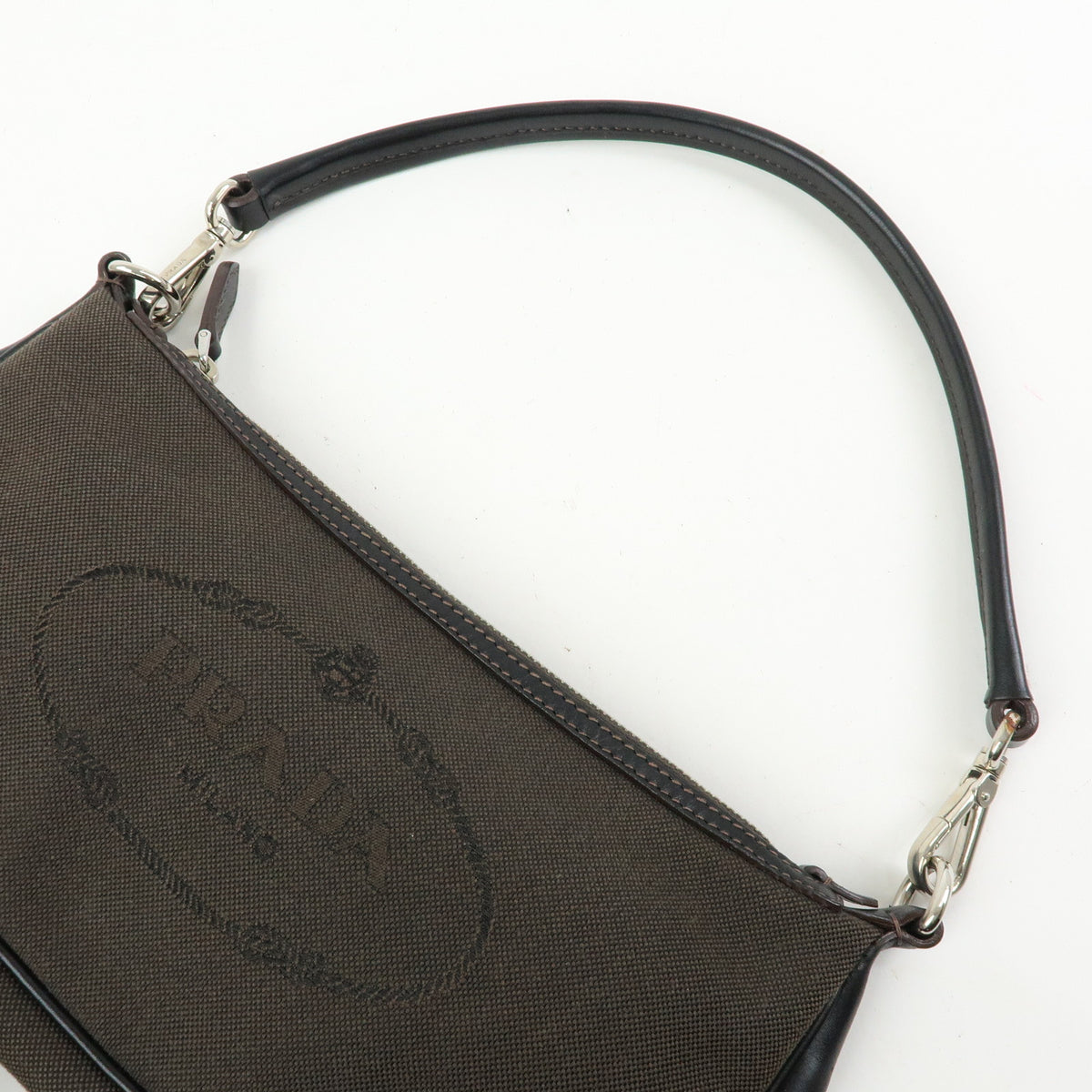 PRADA Logo Jacquard Leather Shoulder Bag Hand Bag Dark Brown