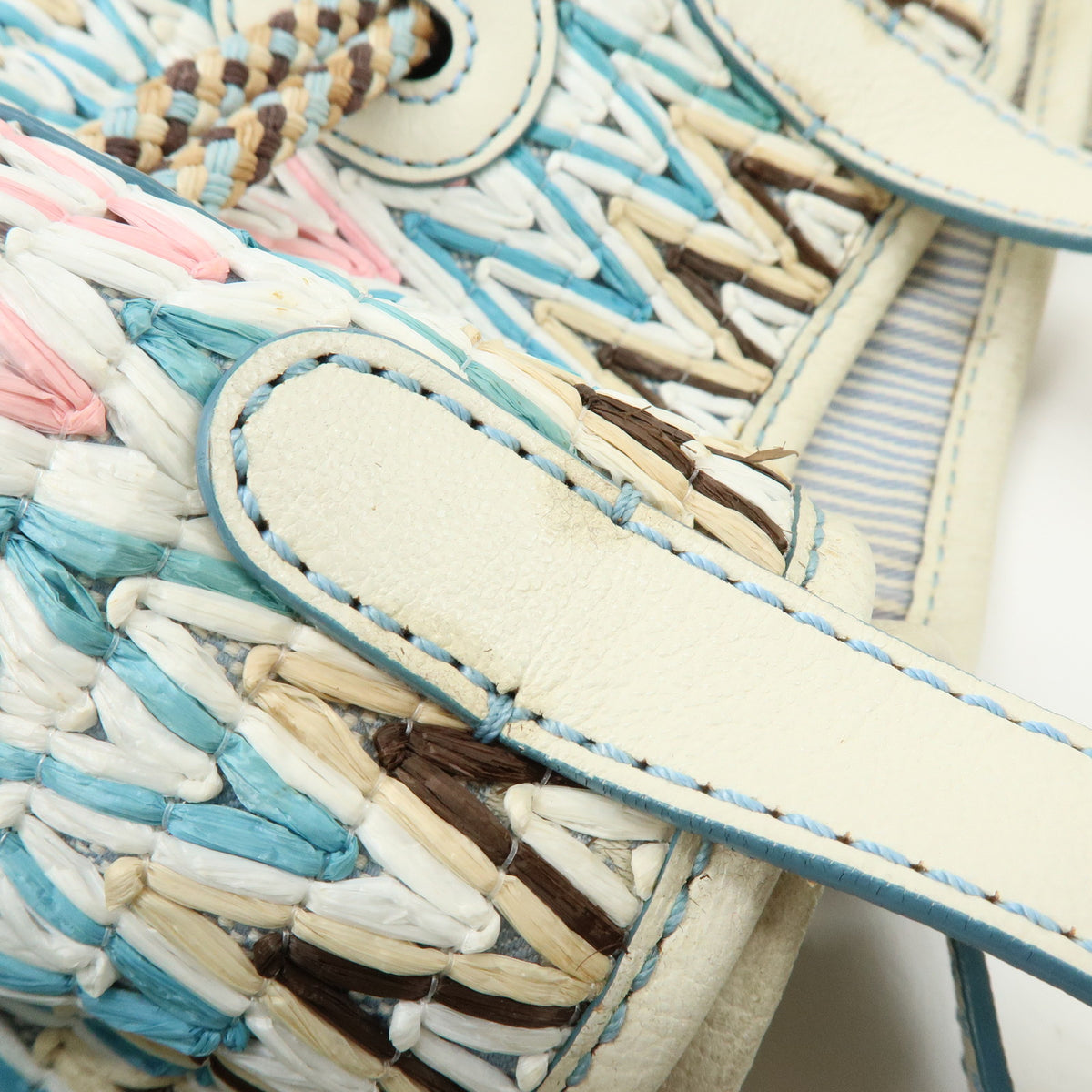 CELINE Macadam Canvas Leather Raffia Hand Bag Light Blue White