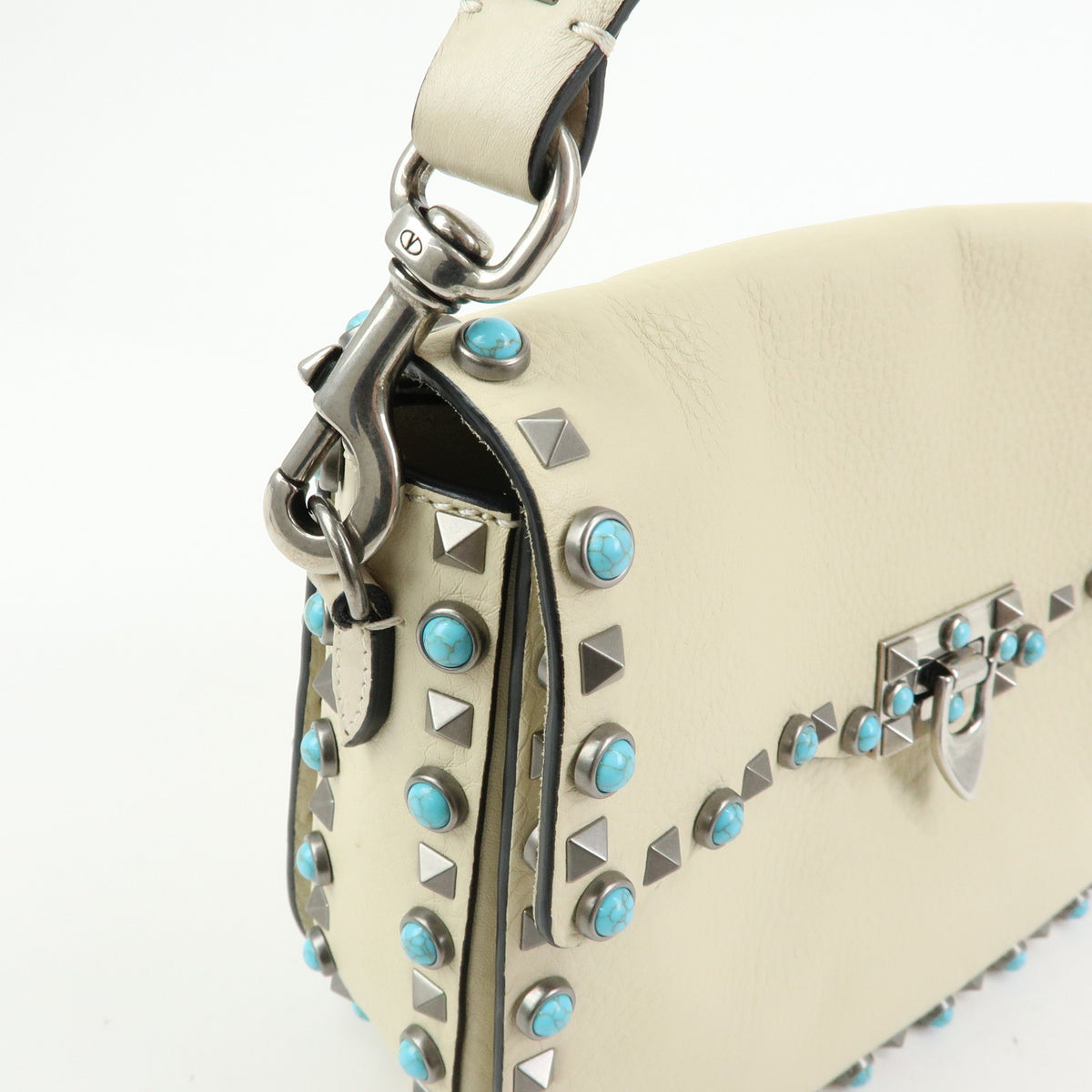 VALENTINO Rockstuds Rolling Guitar Strap Leather Shoulder Bag Ivory