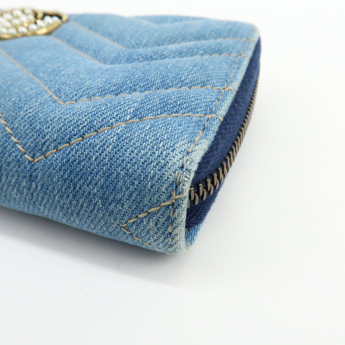 GUCCI GG Marmont Double G Denim Leather Round Zippy Wallet Blue 443123