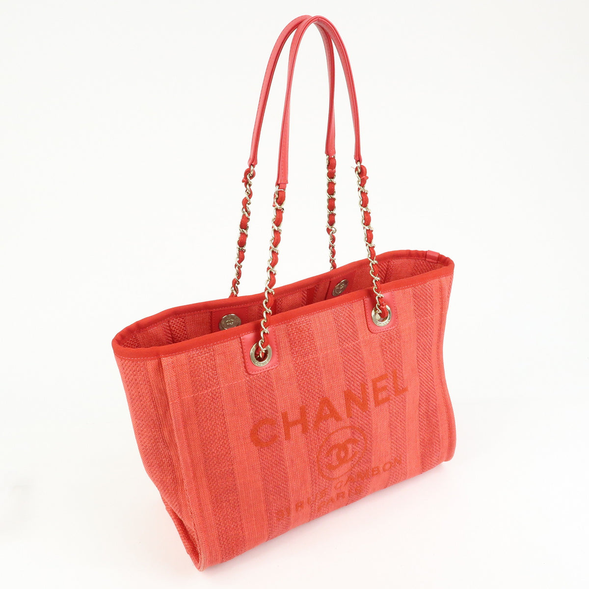 CHANEL Deauville MM Straw Canvas Leather Tote Shoulder Bag Red A67001
