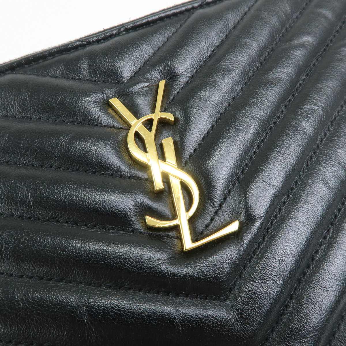 SAINT LAURENT PARIS V Stitch Leather Clutch Bag Flat Pouch Black