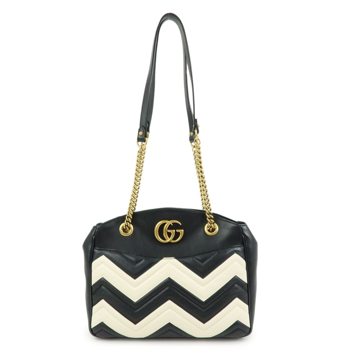 GUCCI GG Marmont Double G Leather Chain Shoulder Bag Black White 443501