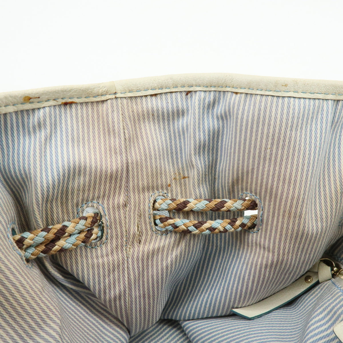 CELINE Macadam Canvas Leather Raffia Hand Bag Light Blue White
