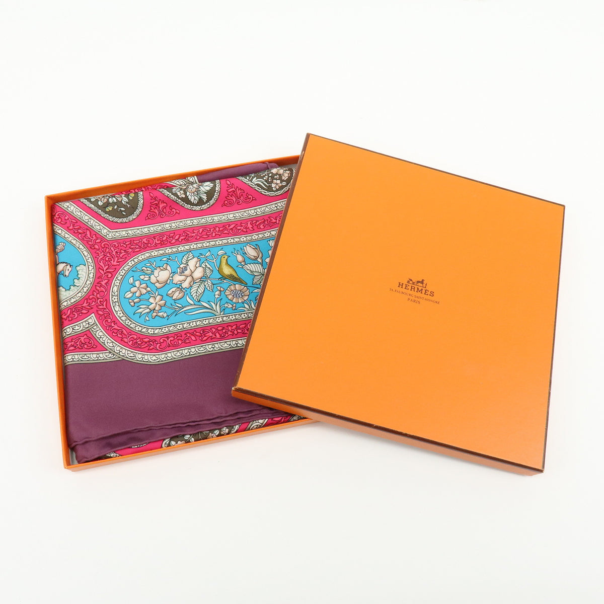 HERMES Carre 90 Silk 100% Scarf QALAMDAN Purple Brown Blue