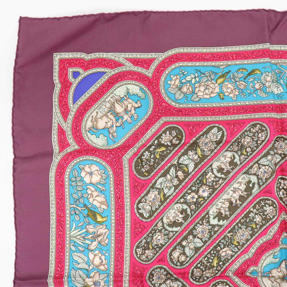 HERMES Carre 90 Silk 100% Scarf QALAMDAN Purple Brown Blue