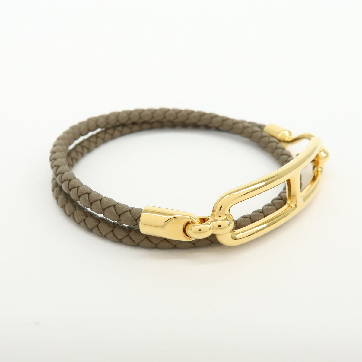 HERMES Leather Plated Roulis Double Tour Bracelet Beige Gold