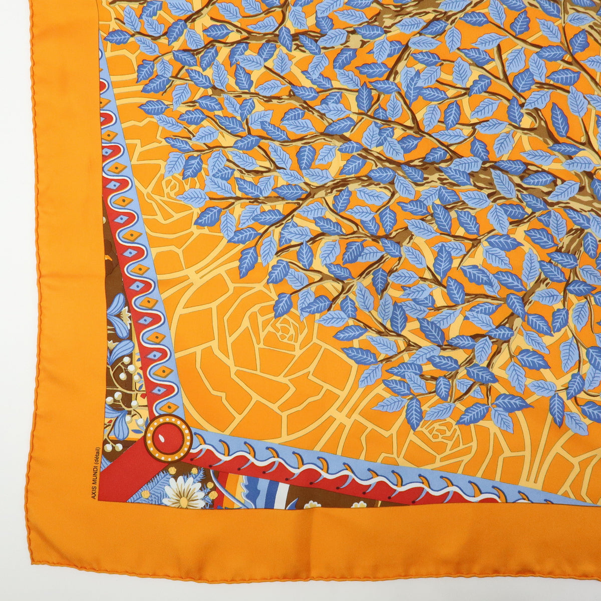 HERMES Carre 90 Silk 100% Scarf AXIS MUNDI Orange Blue Brown