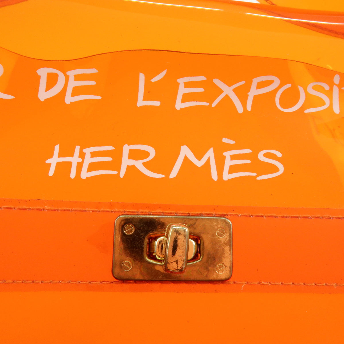 HERMES Kelly Vinyl Turn-Lock Hand Bag Clear Orange