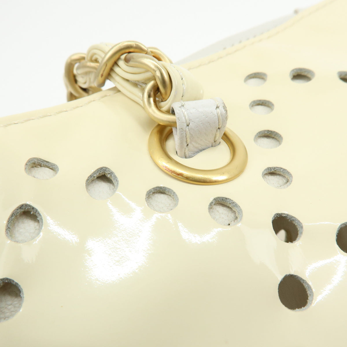 CHANEL COCO Mark Perforated Patent Leather Chain Shoulder Bag Ivory
